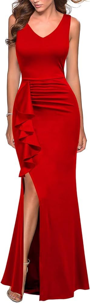 FORTRIC Women Sleeveless Ruffle Slit Evening Party Formal Bridesmaid Dresses | Amazon (US)