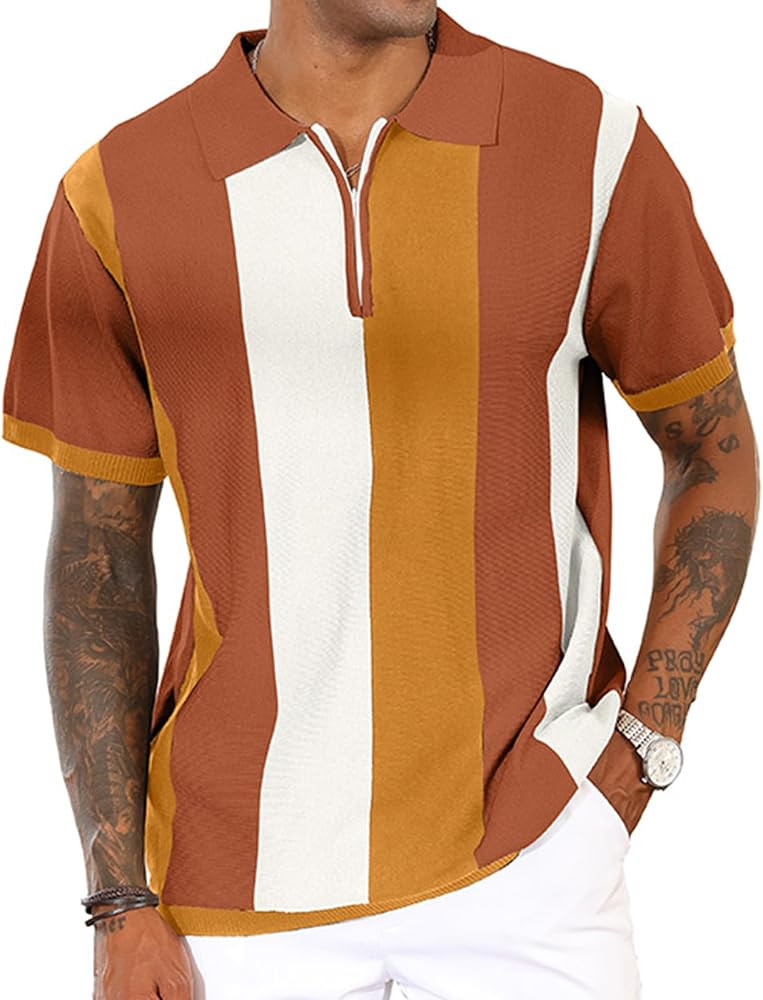 Men's Fashion Polo Shirts Vintage Striped Knitting Shirts Casual Slim Fit Golf Shirts | Amazon (US)