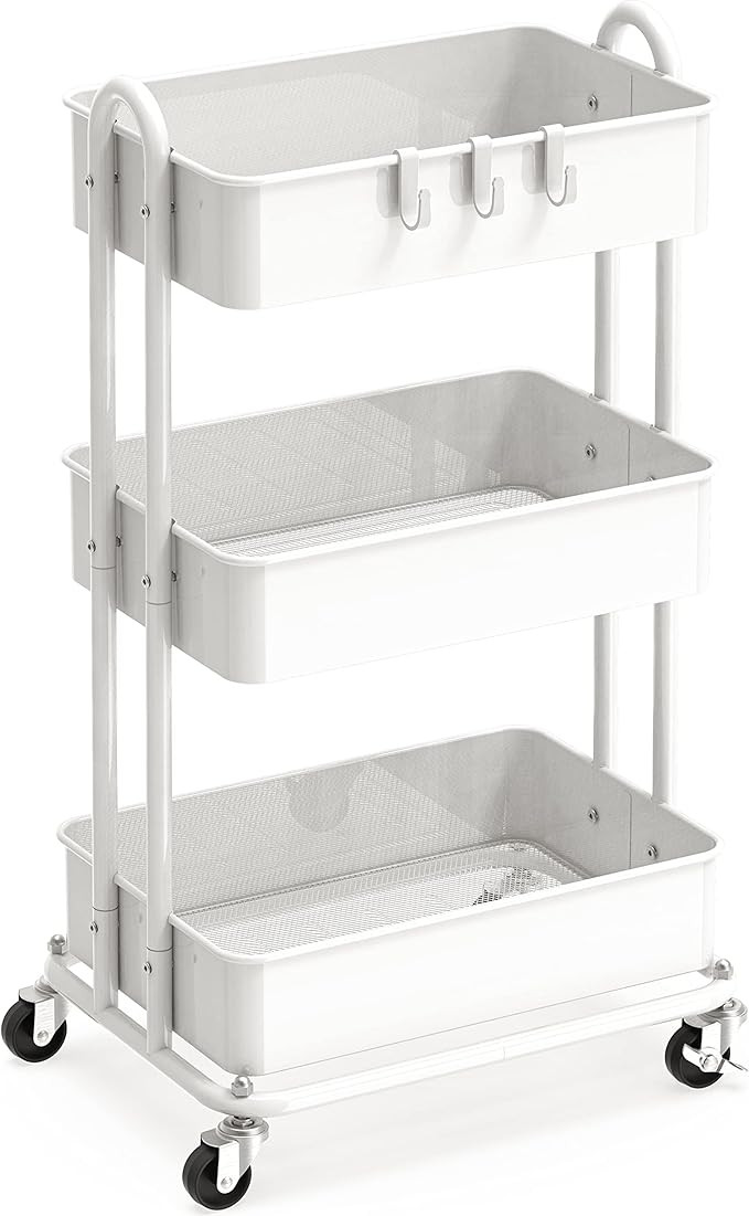 Simple Houseware Heavy Duty 3-Tier Metal Utility Rolling Cart, White | Amazon (US)