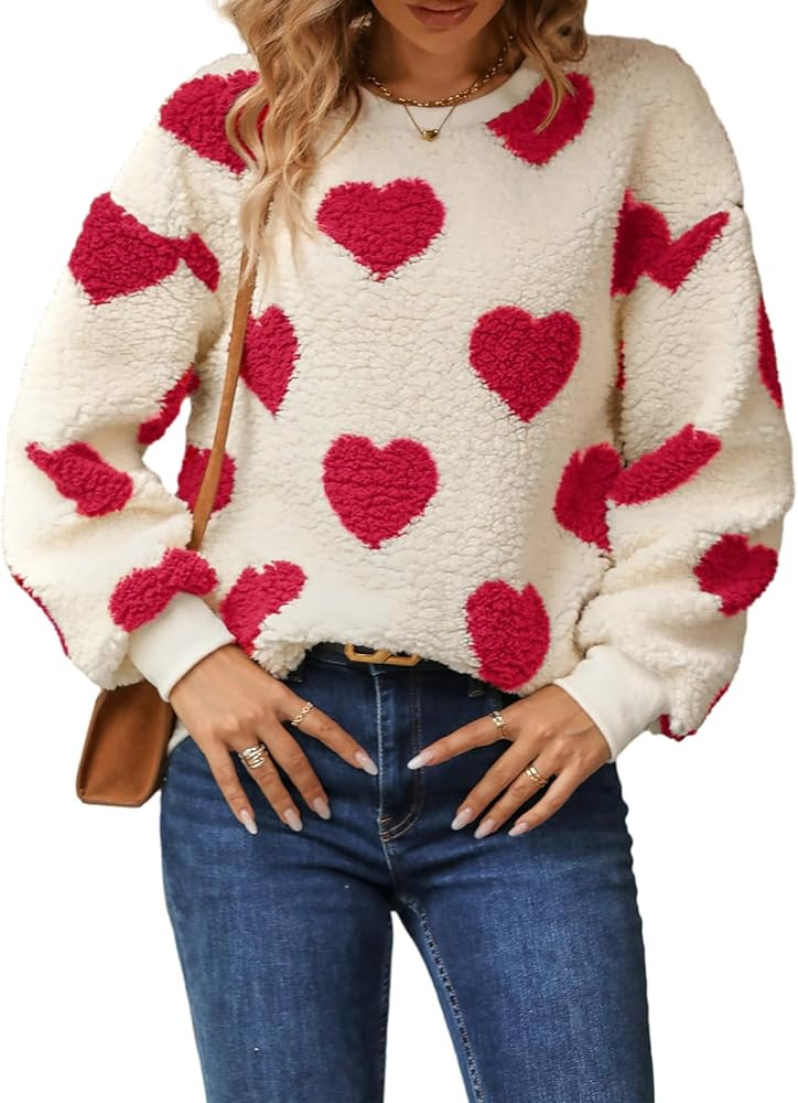 FOMOYUU Women Heart Print Sweater Valentine’s Day Pullovers Long Sleeve Round Neck Knitted Blou... | Amazon (US)