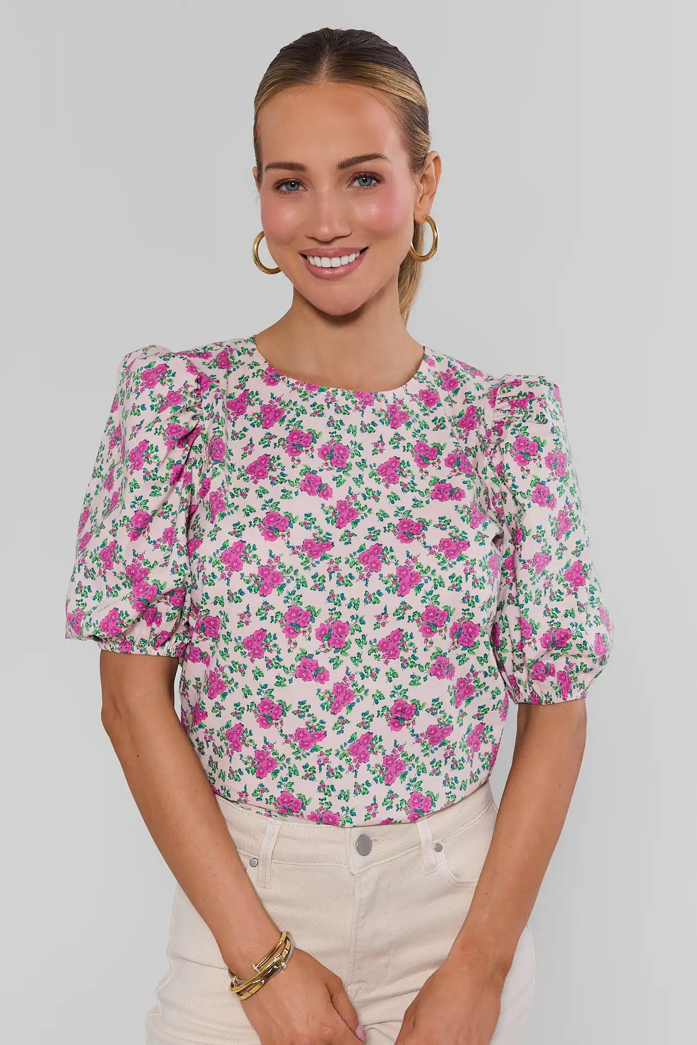 Pink Floral Print Puff Sleeve Top | Avara