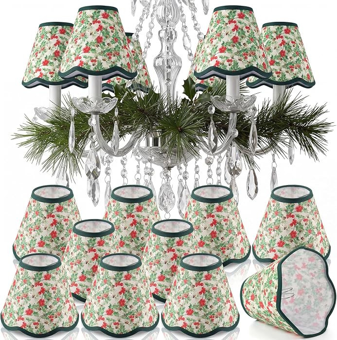 8 Pcs Christmas Scalloped Chandelier Shades 5"x 6" Holly Berriy Clip-on | Amazon (US)