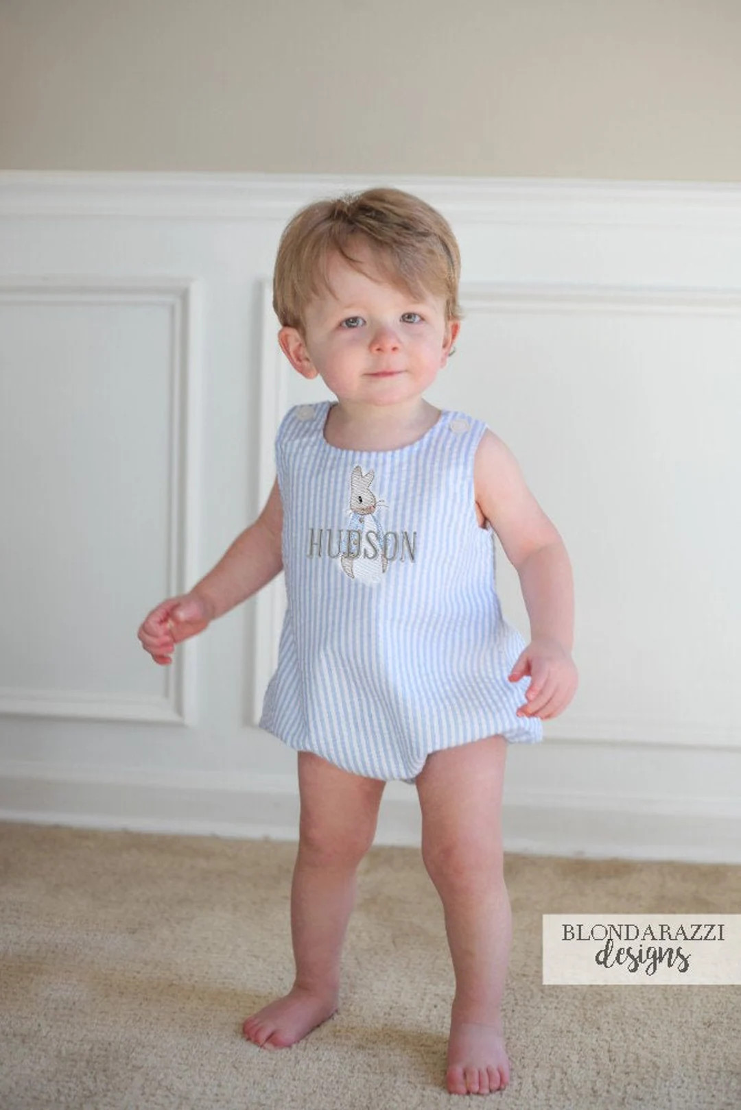 Boys Easter Bunny Rabbit Seersucker Bubble Romper for Babies and Toddlers With Monogram or Person... | Etsy (US)