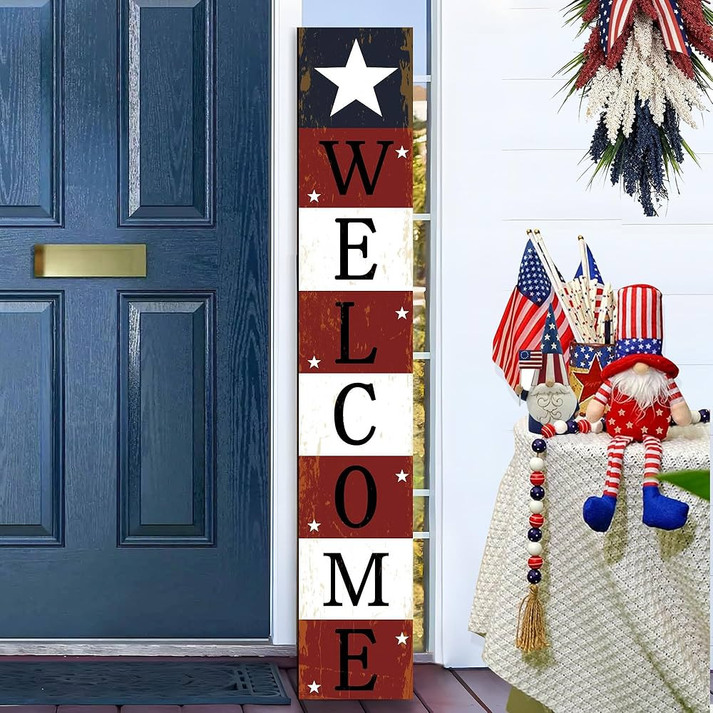 4th of July Welcome Porch Sign Memorial Day Patriotic Stars American Door Hanger Welcome Door Sig... | Amazon (US)