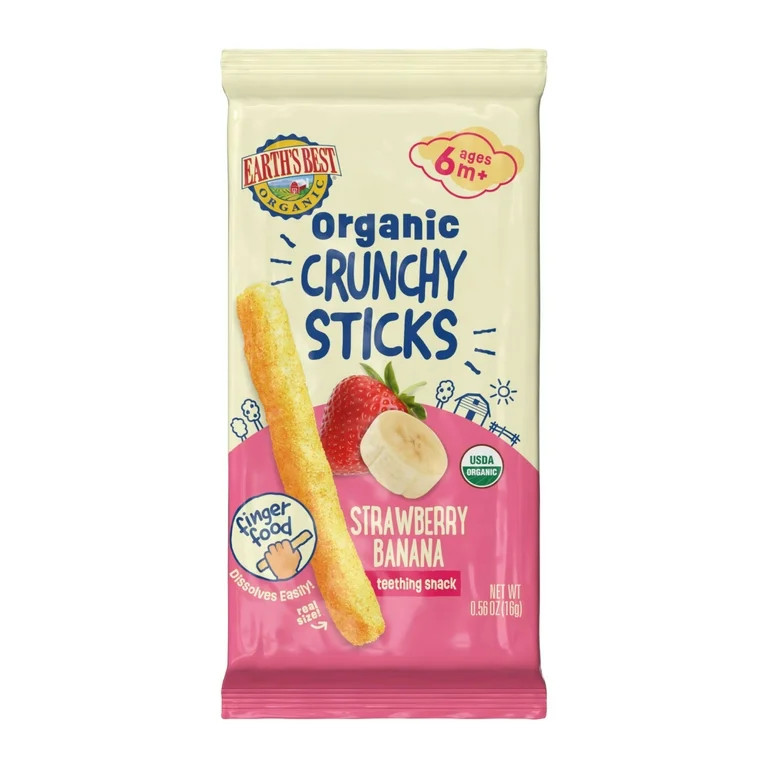 Earth's Best Organic Stage 2 Baby Snack, Strawberry Banana Teething Crunchy Sticks, 0.56 oz Bag -... | Walmart (US)