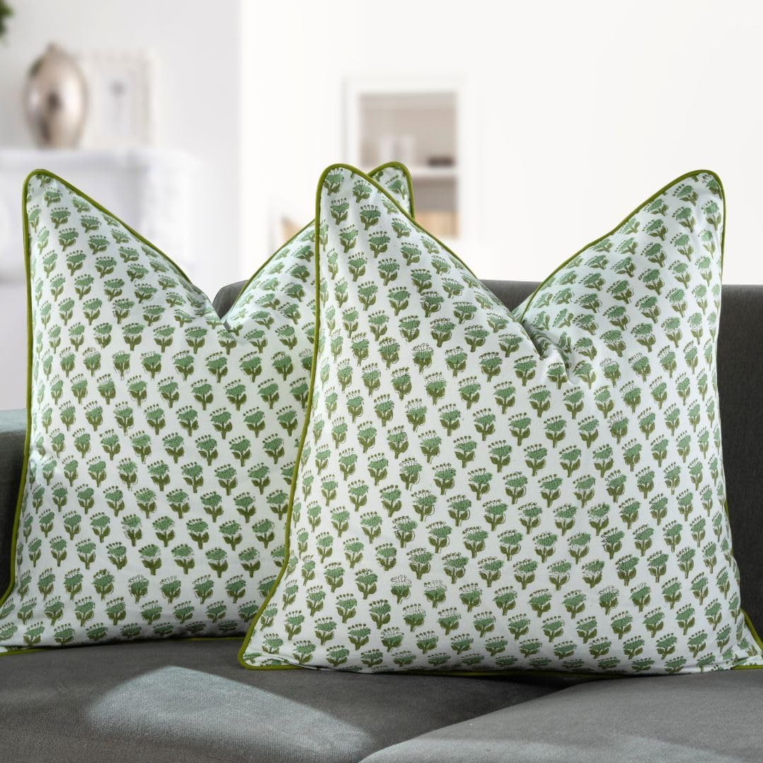 CPC 100% Cotton Throw Pillow Covers 20x20 Inch, Set of 2 Green Block Print Pattern Couch Pillow, ... | Amazon (US)