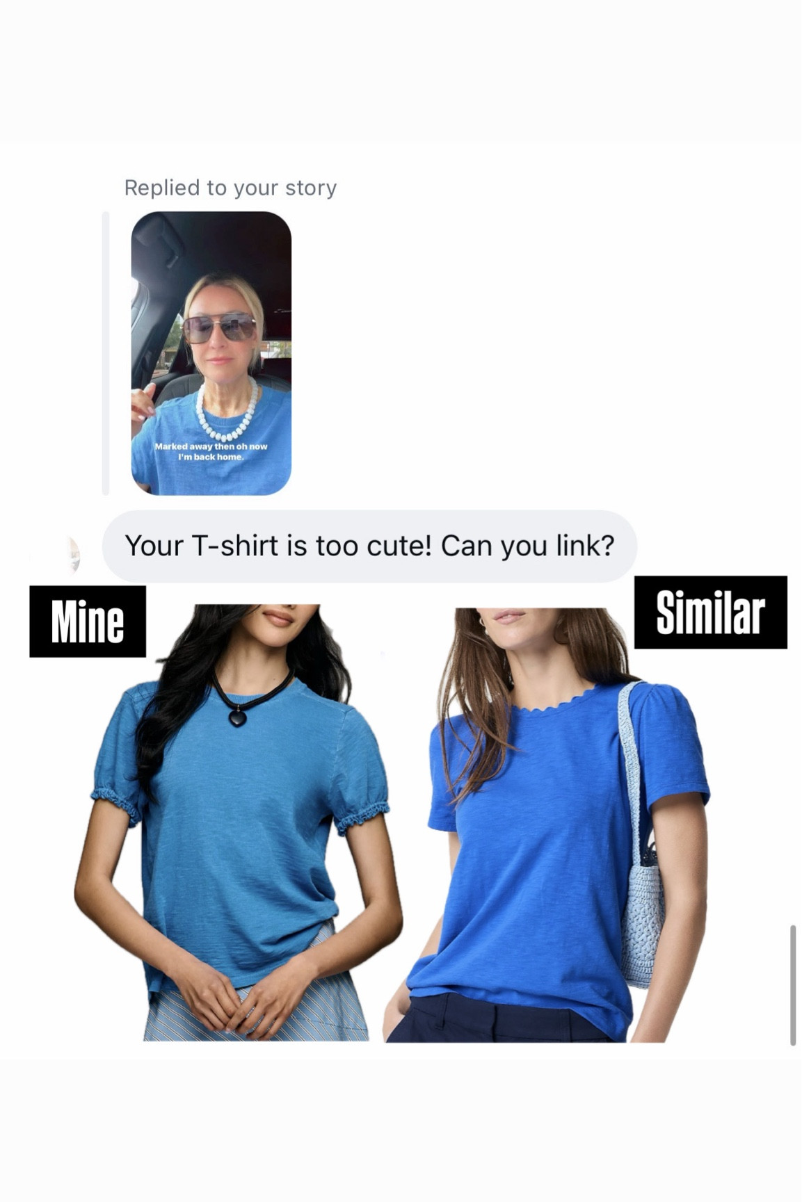 My blue T-shirt comes in multiple color options, but I found a very similar T-shirt that is in stock!!!