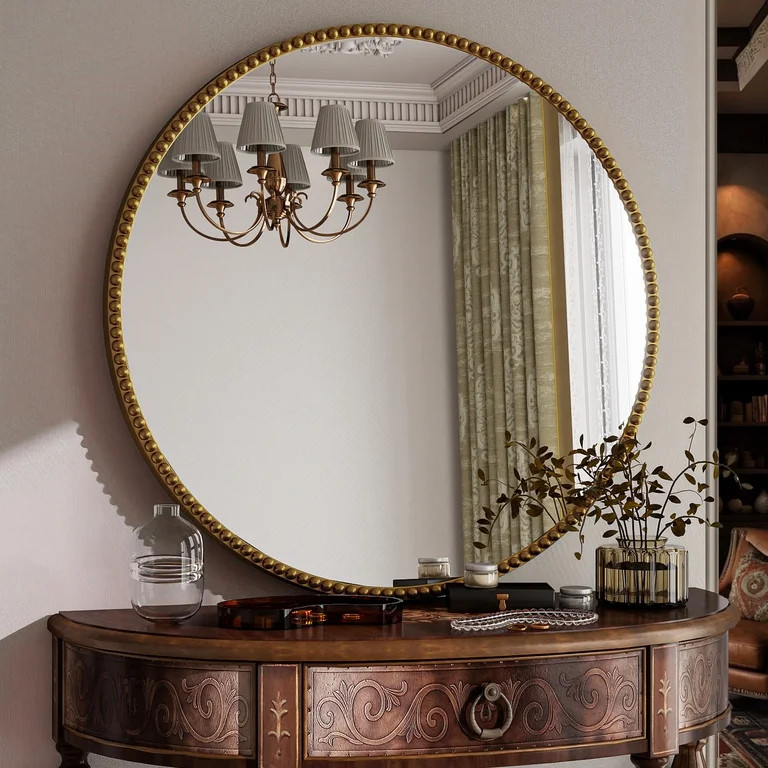 BEAUTYPEAK 32" Round Bathroom Mirror Vanity Mirror Wall Mounted With Beaded Frame,Gold | Walmart (US)