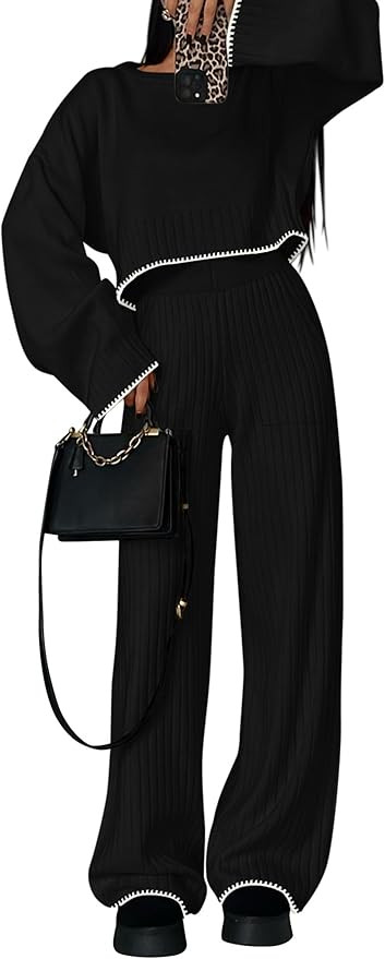 PRETTYGARDEN Women's 2 Piece Fall Outfits Long Sleeve Crop Top Wide Leg Pants Knit Pullover Sweat... | Amazon (US)