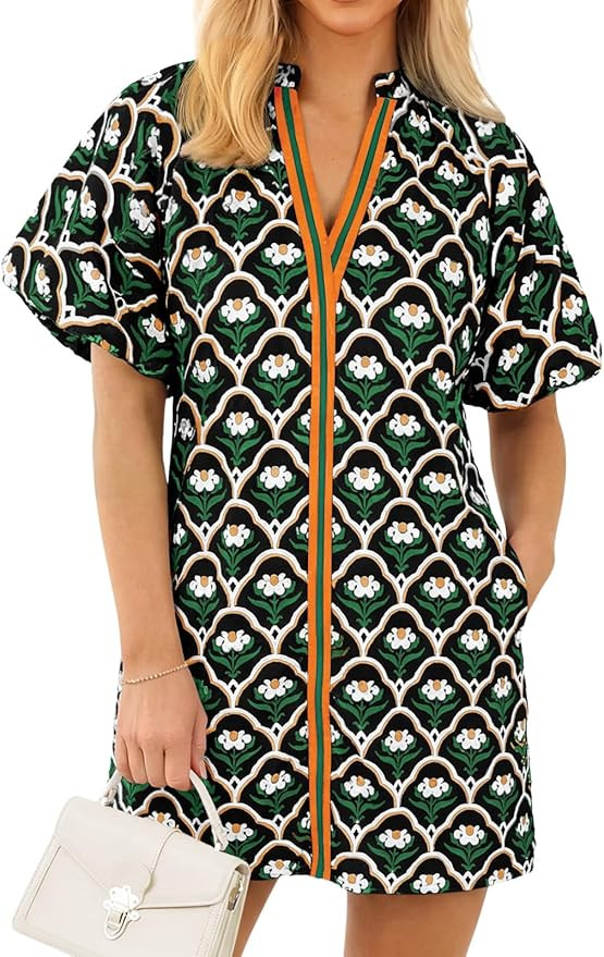 Wenrine Womens Summer Dresses Casual Floral Puff Sleeve V Neck Boho Loose Beach Mini Dress with P... | Amazon (US)