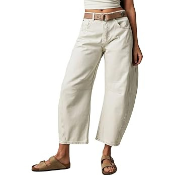 Womens Stretchy Mid Rise Barrel Jeans Vintage Loose Wide Leg Cropped Denim Pants Y2k Baggy Boyfri... | Amazon (US)