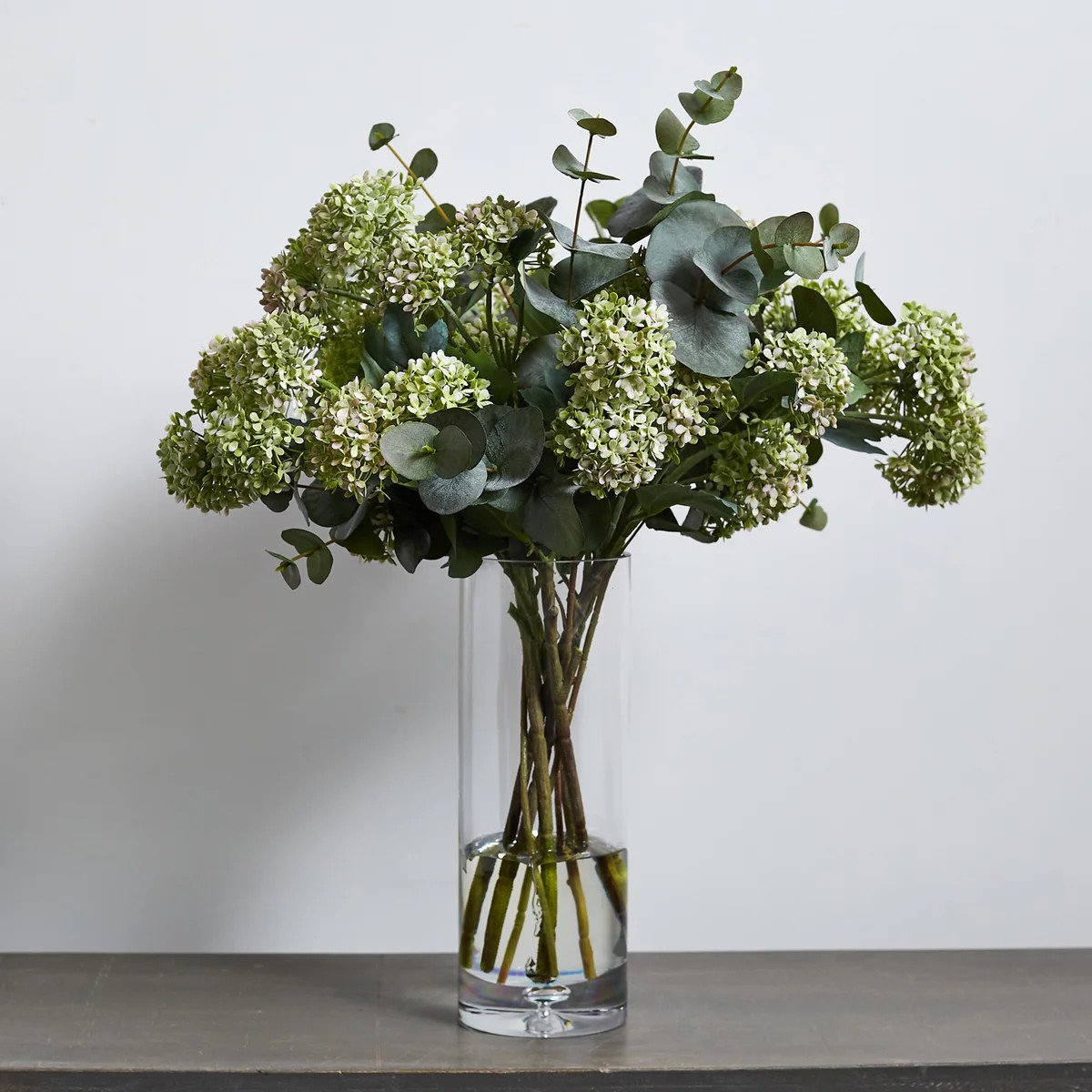 Eucalyptus & Snowball Large Everyday Spring Summer Floral Arrangement in Tall Glass Vase | Darby Creek Trading