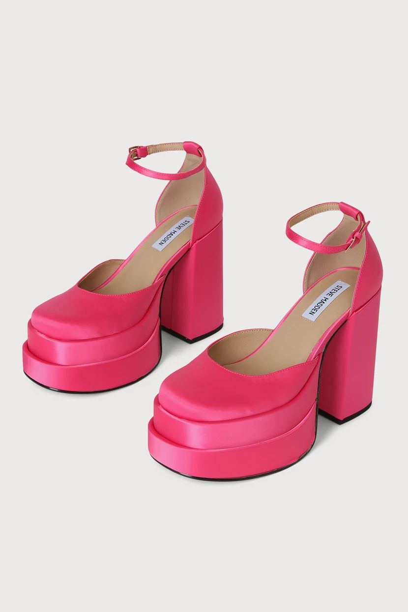 Charlize Pink Satin Double Platform Ankle Strap Pumps | Lulus (US)
