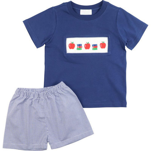 Navy Gingham Smocked Back To School Short Set | Cecil and Lou