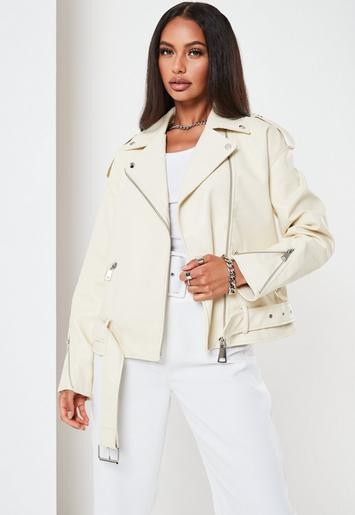 Cream Faux Leather Boyfriend Biker Jacket | Missguided (US & CA)