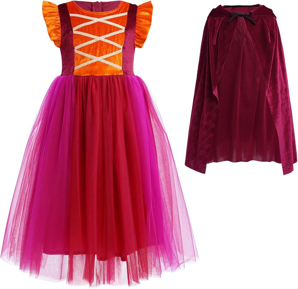 OBEEII Halloween Costume for Girls Velvet Tulle Tutu Witch Dresses with Wigs Velvet Cape 3pcs Set... | Amazon (US)