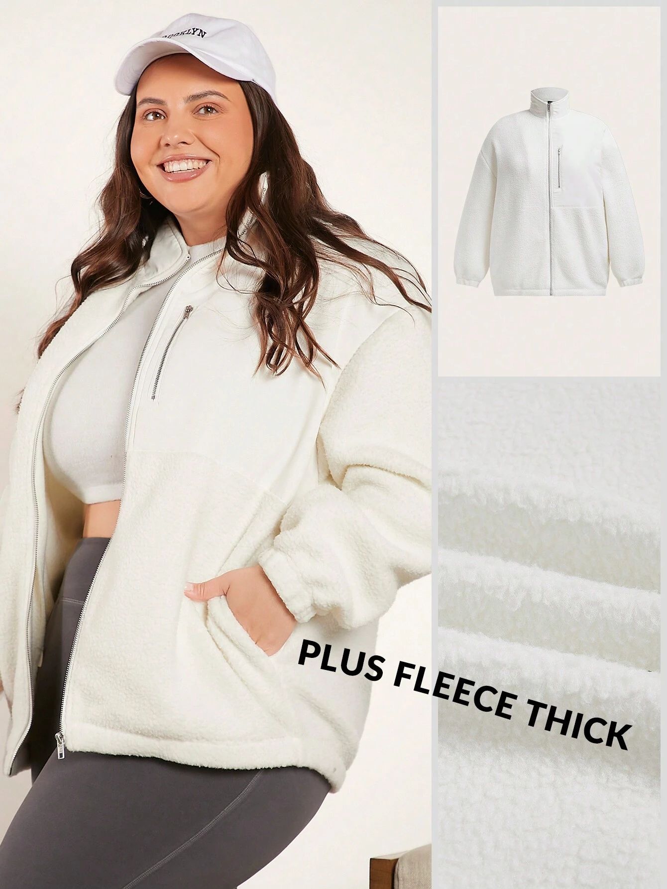 SHEIN BASICS Plus Zip Up Fleece Coat | SHEIN