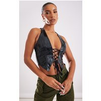 Black Washed Faux Leather Lace Up Plunge Halterneck Top | PrettyLittleThing US