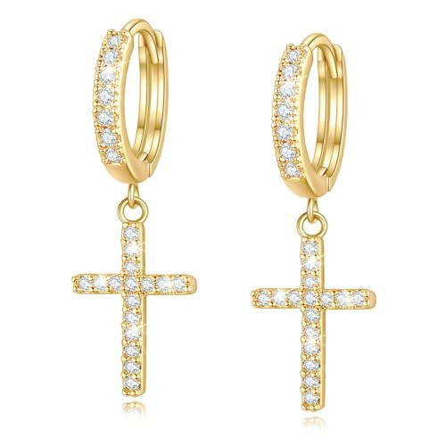 Me&Hz 14K Gold Plated Cross Dangle Earrings for Women Men CZ Diamond Gold Cross Huggie Hoop Earring Dangling Lightweight Christian Earrings for Women Hypoallergenic First Communion Gifts | Amazon (US)