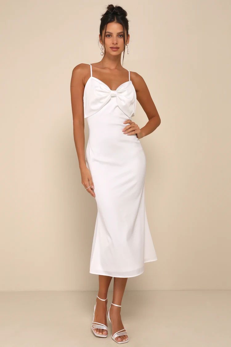 Extravagantly Sleek White Satin Sleeveless Bow Midi Dress | Lulus