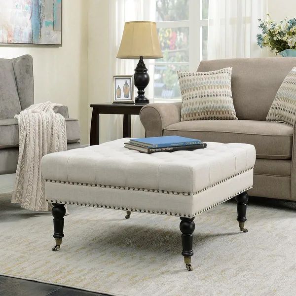 Belleze Square Ottoman Padded Support Button w/ Rolling Wheels, Beige - standard - Beige - standa... | Bed Bath & Beyond