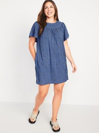 Flutter-Sleeve Smocked Floral-Embroidered Mini Swing Dress for Women | Old Navy (US)
