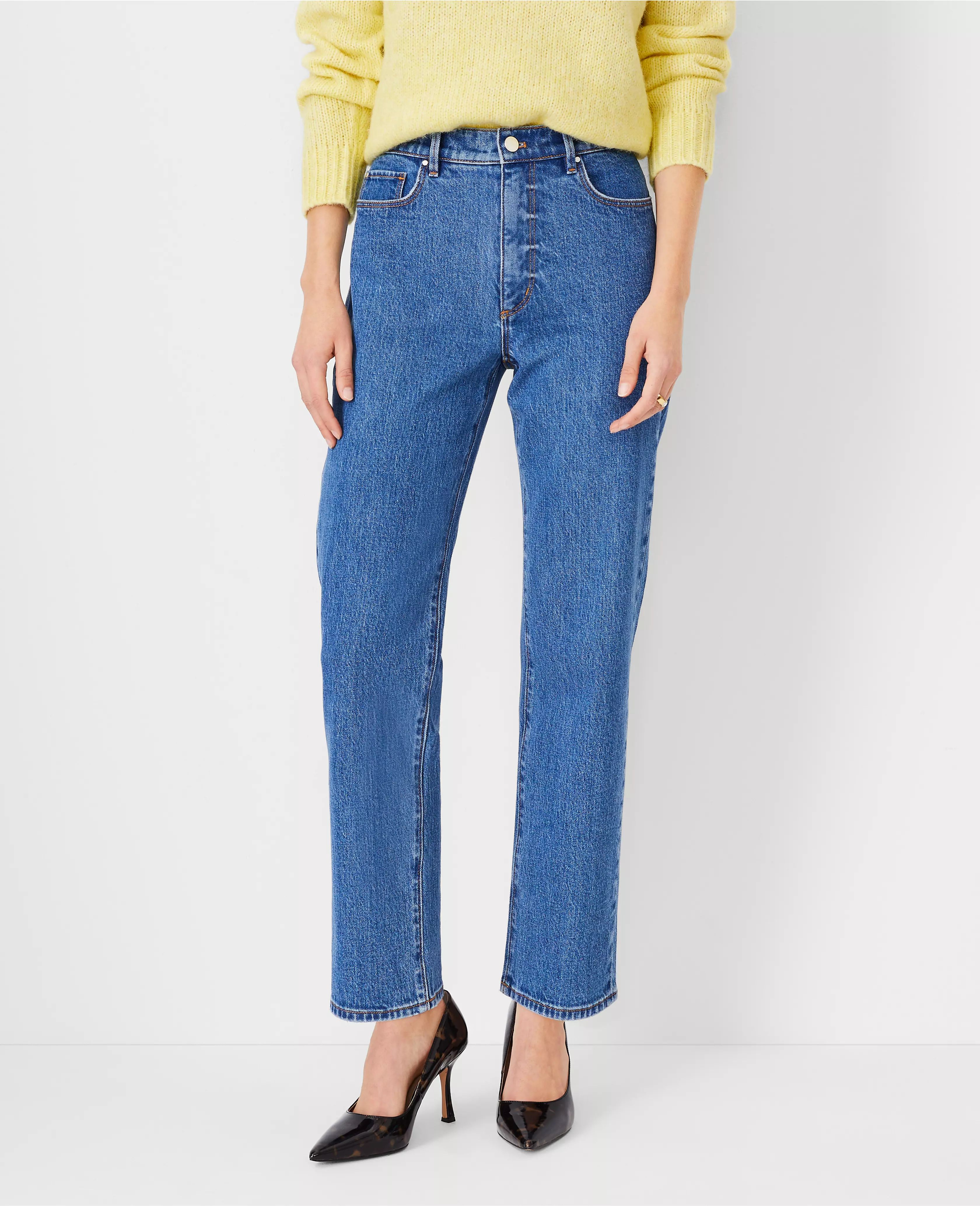 High Rise Straight Jeans in Vintage Mid Indigo Wash - Curvy Fit | Ann Taylor (US)