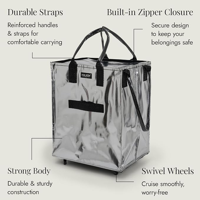 (Large, Silver) Reusable Grocery Bag On Wheels, Shopping Trolley, Rolling Tote, Zipper Closure, L... | Amazon (US)