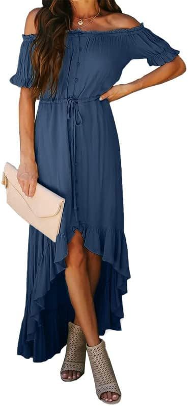 Dokotoo Womens 2023 Off The Shoulder Casual Short Sleeve Maxi Dress High Low Solid Cocktail Skate... | Amazon (US)