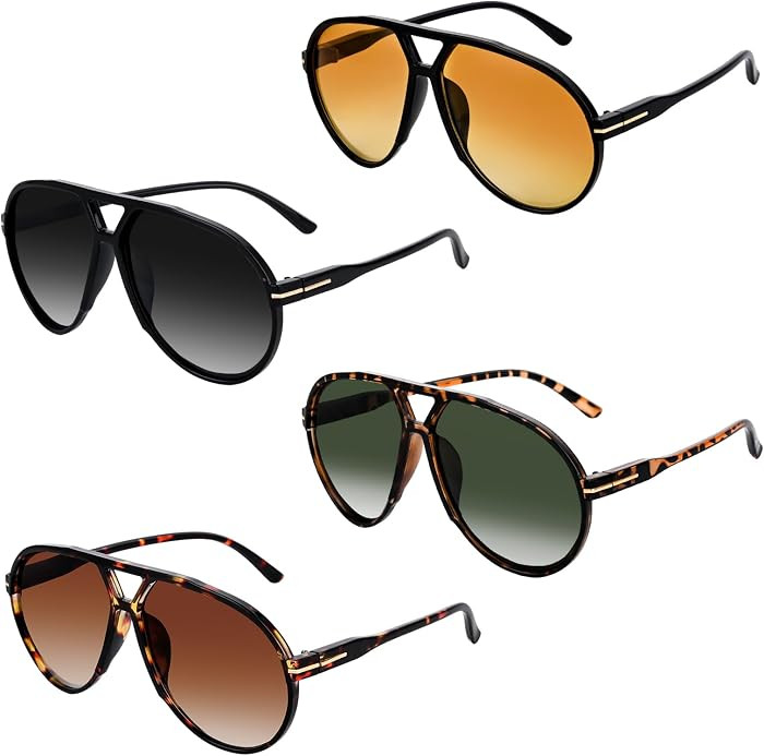 4 Pieces Retro Oversized Aviator Sunglasses for Women Men Trendy Tangle Free 70s Aviator Sun Glas... | Amazon (US)