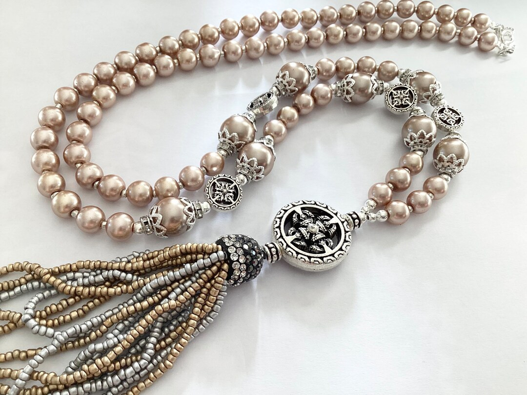 Long latte glass pearl tassel necklace flapper necklace beaded necklace statement necklace handma... | Etsy (UK)