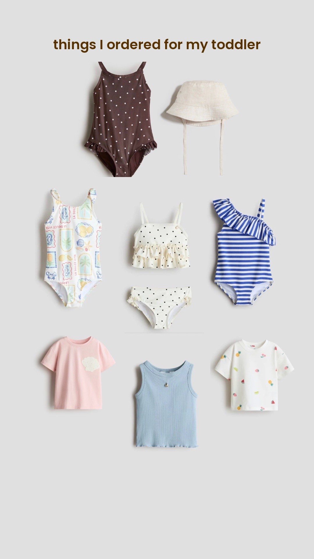 things I ordered for my toddler for summer 

Toddler swimsuits 
Toddler t-shirts 
Summer outfits for kids 
Toddler tank top 
Two piece swimsuit for toddler 
Polka dot swimsuit for kids
Bucket hat for kids 
Bucket hat for toddler

#LTKKids #LTKBaby #LTKSwim