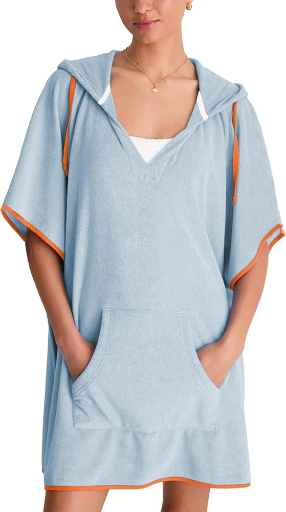 Women's Summer Terry Cloth Beach Swimsuit Cover Up Hooded V Neck Swimwear Dress Resort Wear with ... | Amazon (US)