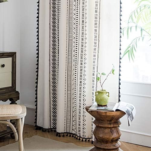 Lahome Boho Cotton Linen Tassel Window Curtains,Set of 2 Farmhouse Geometric Curtain Panels, Rod ... | Amazon (US)
