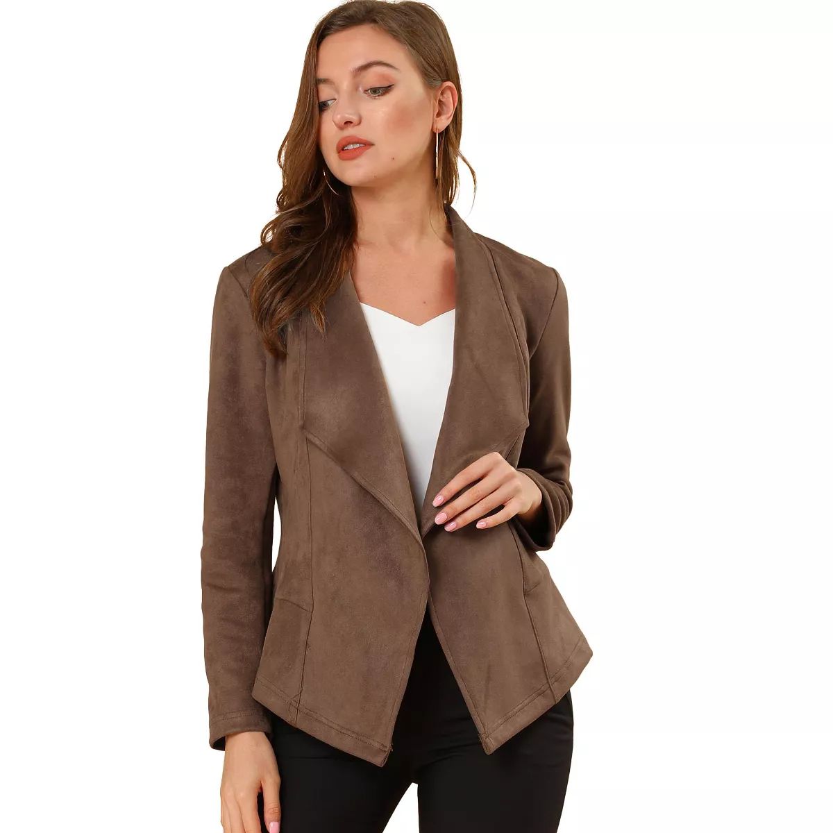 Allegra K Women's Faux Suede Lapel Draped Outwear Open Front Jacket | Target