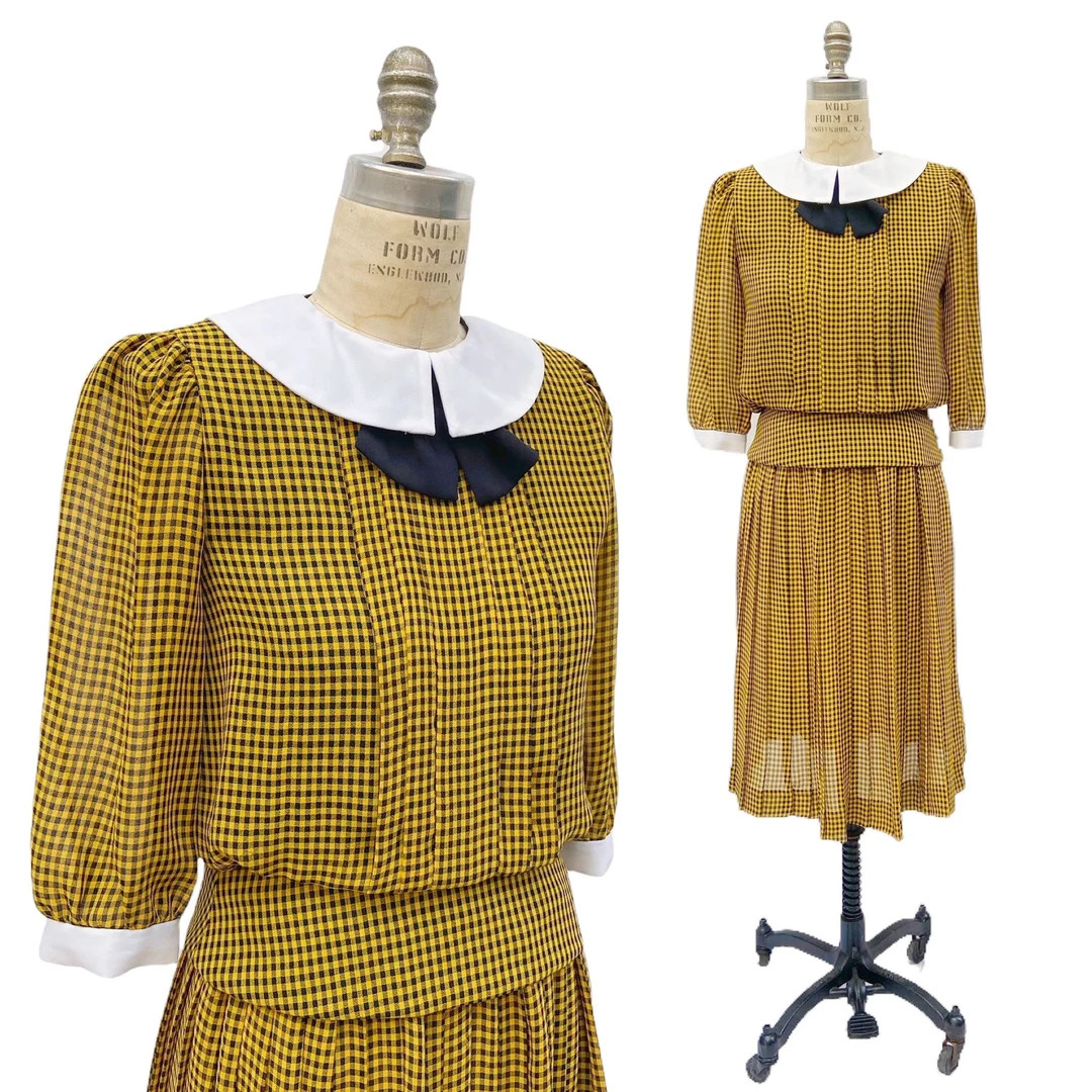 Vintage Womens Yellow & Black Check Pleated Secretary Blouse Skirt Set Womens Size 4P by Liz Peti... | Etsy (US)