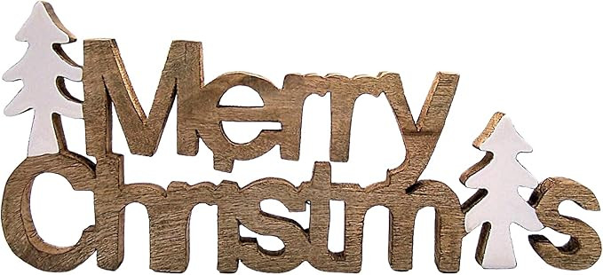 Wooden Merry Christmas with White Trees Sign, Freestanding Tabletop Decoration, Holiday Decor, 15... | Amazon (US)