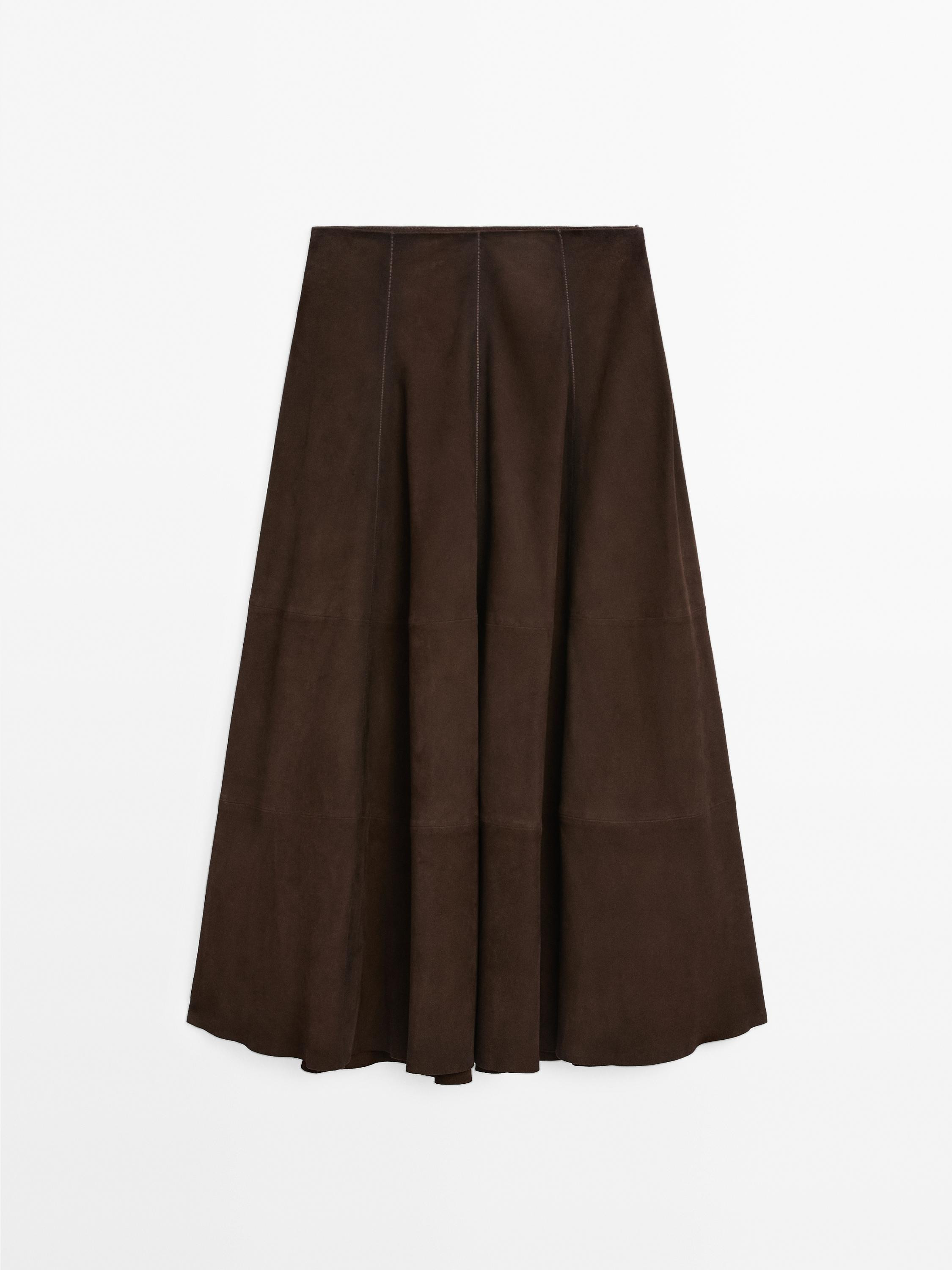 Suede leather flared midi skirt | Massimo Dutti US