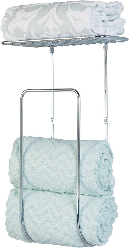 mDesign Steel Wall Mount Towel Rack Holder Organizer with Basket Shelf Storage for Bathroom, Kitc... | Amazon (US)