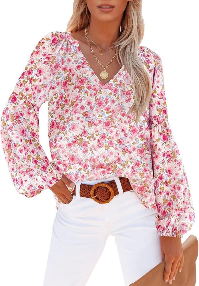 Utyful Womens Long Sleeve Blouse Boho Tops for Women Casual Floral Dressy Blouses V Neck Shirts | Amazon (US)