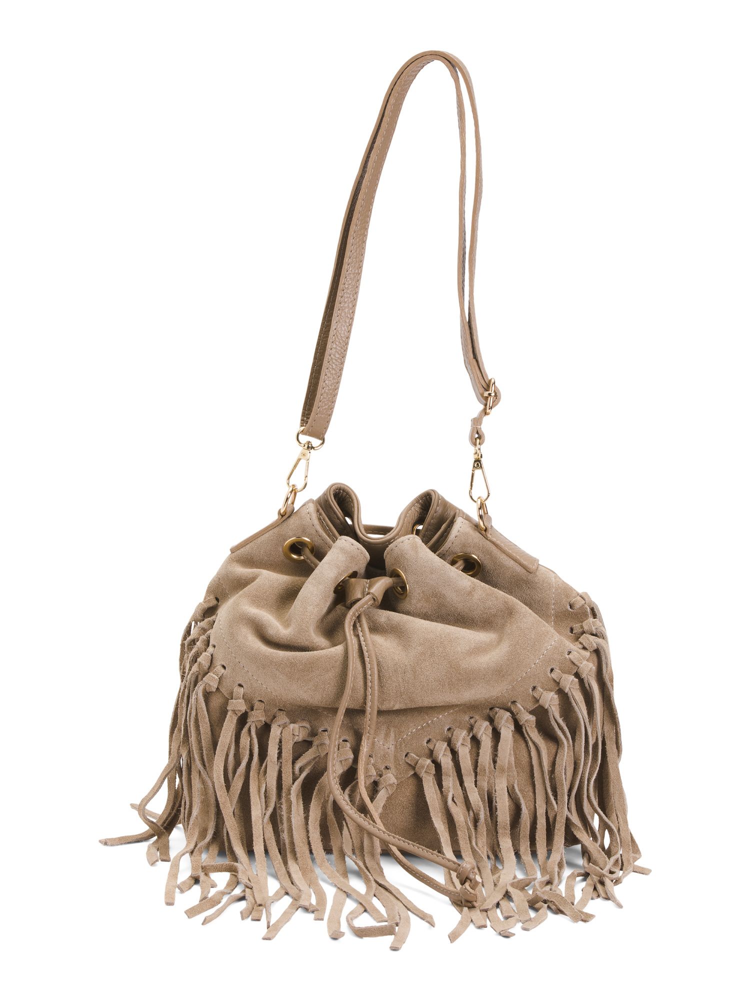 Made In Italy Suede Fringed Bucket Hobo | TJ Maxx