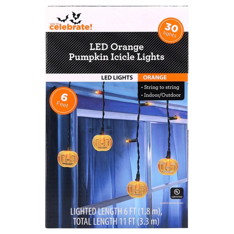 Indoor/Outdoor 30-Count LED Pumpkin Icicle Lights, Orange, 6', Halloween by Way To Celebrate | Walmart (US)