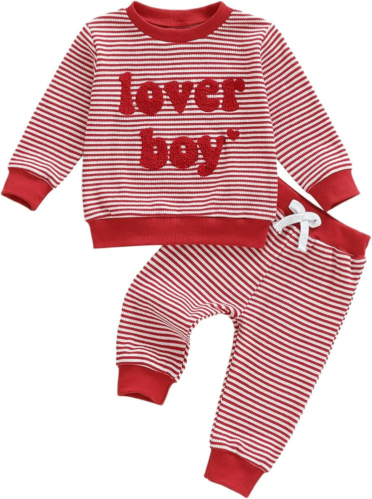 Lesimsam Toddler Baby Boy Valentines Outfit Lover Boy Embroidery Long Sleeve Waffle Knit Sweatshi... | Amazon (US)