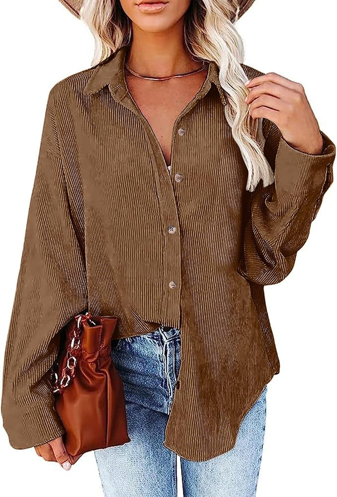 Womens Corduroy Button Down Shirts Long Sleeve Oversized Boyfriend Casual Blouses Tops | Amazon (US)