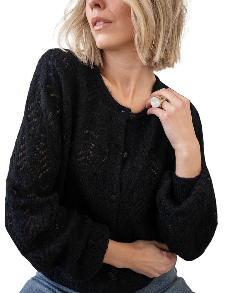 Women Lightweight Crochet Cardigan Sweaters Button Up Long Sleeve Openwork Knit Cover Up 2025 Fal... | Amazon (US)