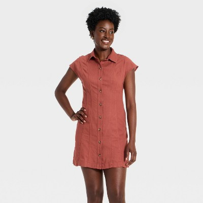 Women's Short Sleeve Mini Shirt Dress - Universal Thread™ Rust XS | Target