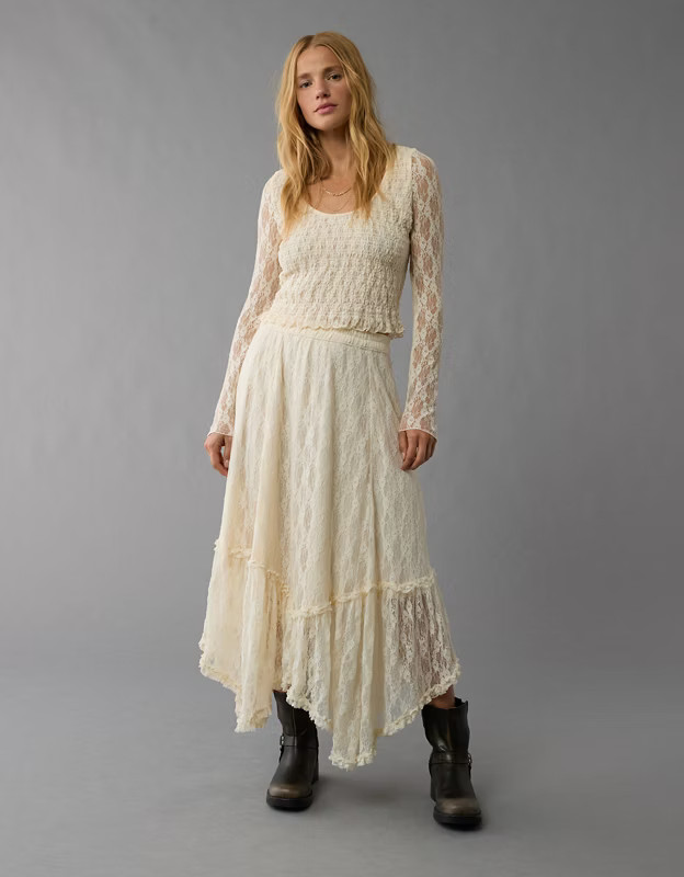 AE Long-Sleeve Lace Smocked Shirt | American Eagle Outfitters (US & CA)
