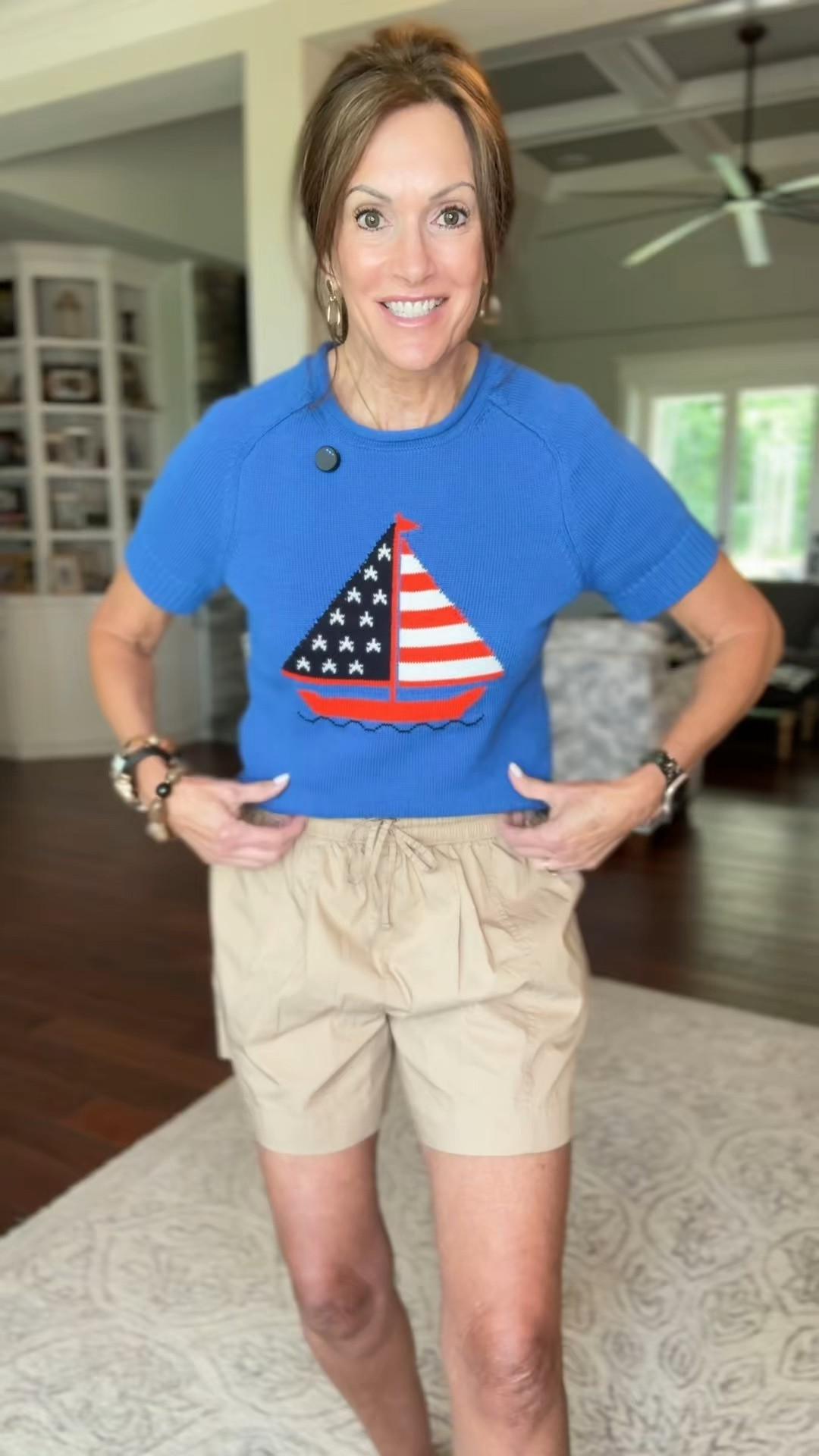 Sailboat sweater / medium 
Lightweight elastic waist shorts - medium 

Summer outfit 
Vacation outfit 
4th of July

#LTKMidsize #LTKTall