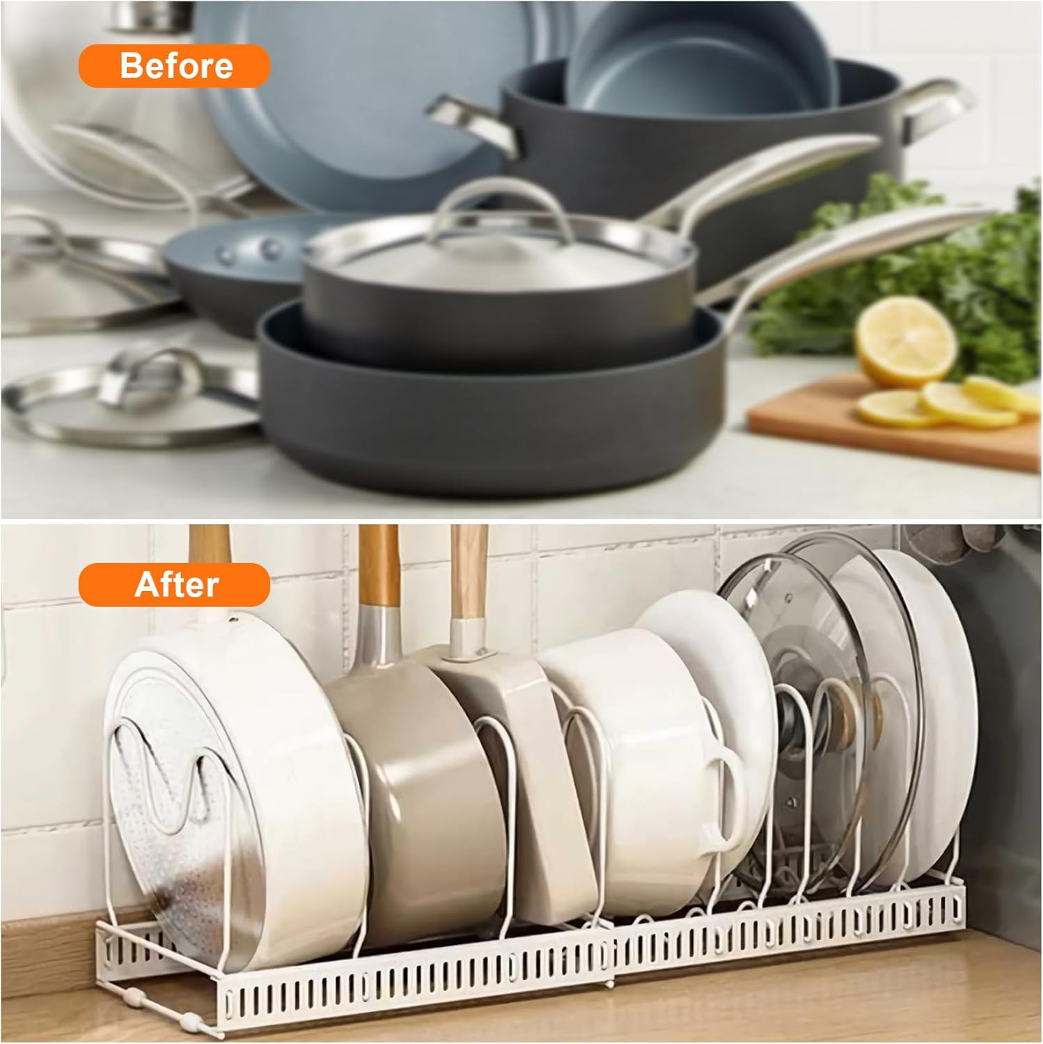 Expandable Pans Organiser Rack, Pan Lid Storage with 10 Adjustable Dividers, Pot Lid Holder, Kitc... | Amazon (UK)