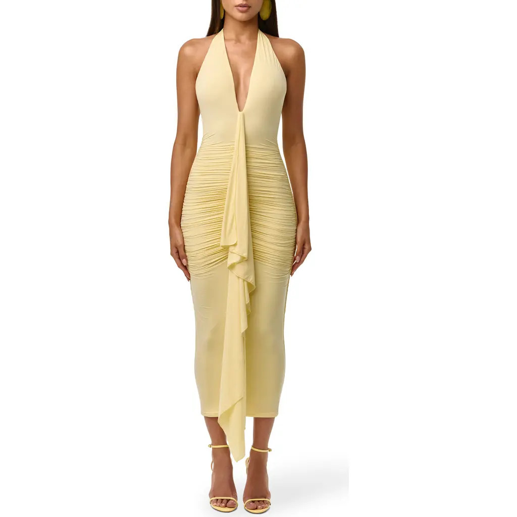 Naked Wardrobe Plunge Halter Neck Center Ruched Body-Con Midi Dress in Lemonade at Nordstrom, Size Small | Nordstrom
